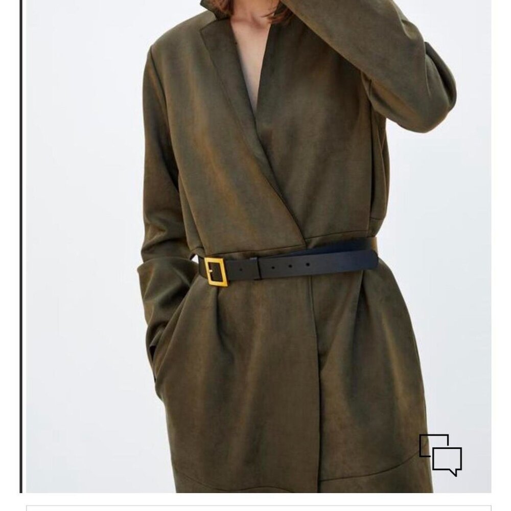 Zara Faux Suede Open-Front Coat - Olive